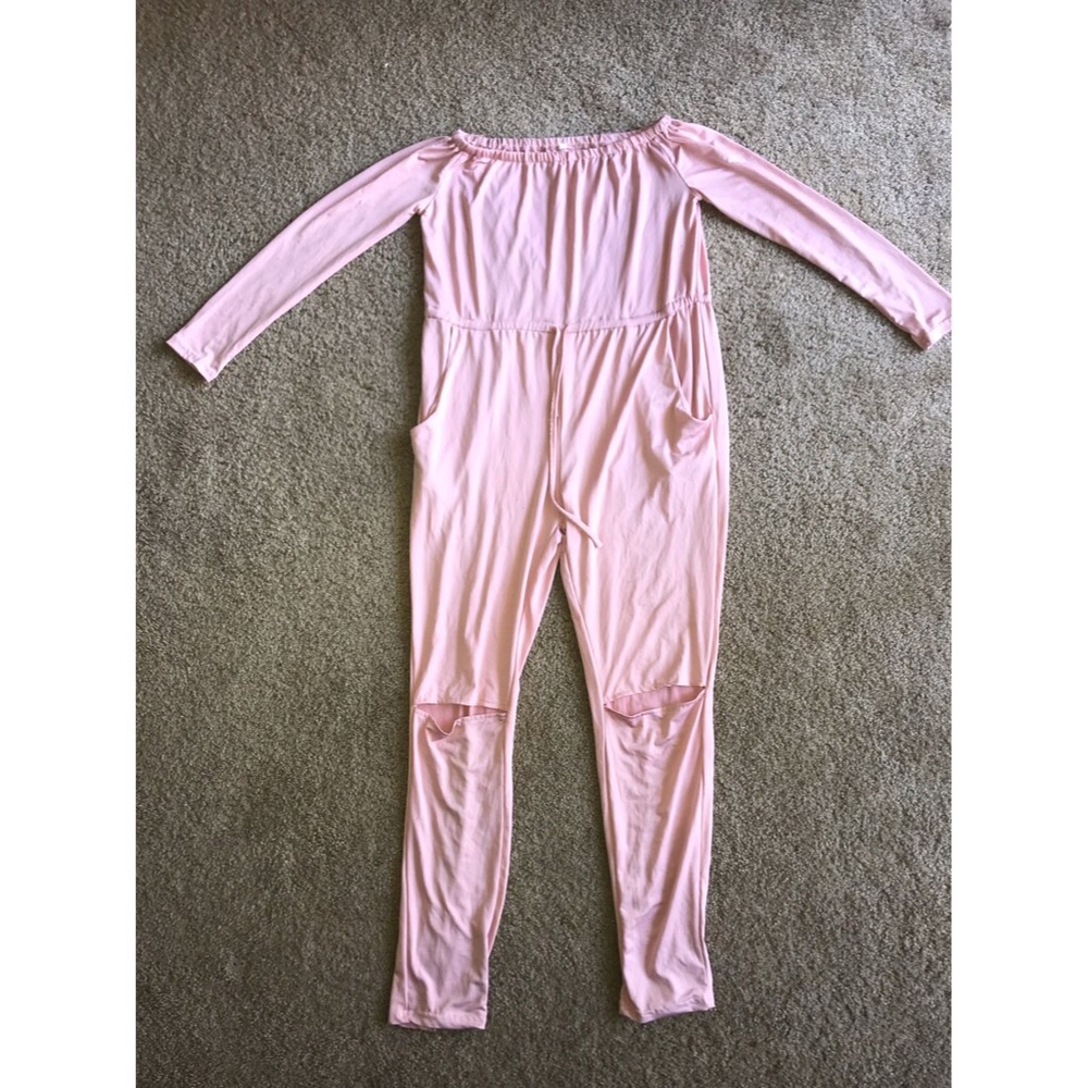 Rose pink off the shoulder jumpsuit.